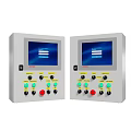 Two Industrial Control Panels With Display Screens And Multiple Colored Buttons