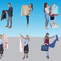 Multiple People Choosing Various Clothing Items Hanging And Picking Garments 3d model