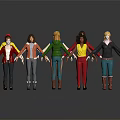 Group of 3D Character Models Wearing Colorful Outfits with Various Hairstyles and Poses