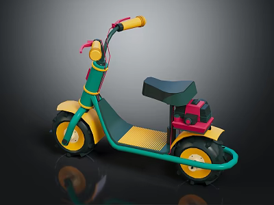 Colorful Children's Toy Motorcycle With Black Seat Yellow Wheels Red Engine And Green Frame 3d model