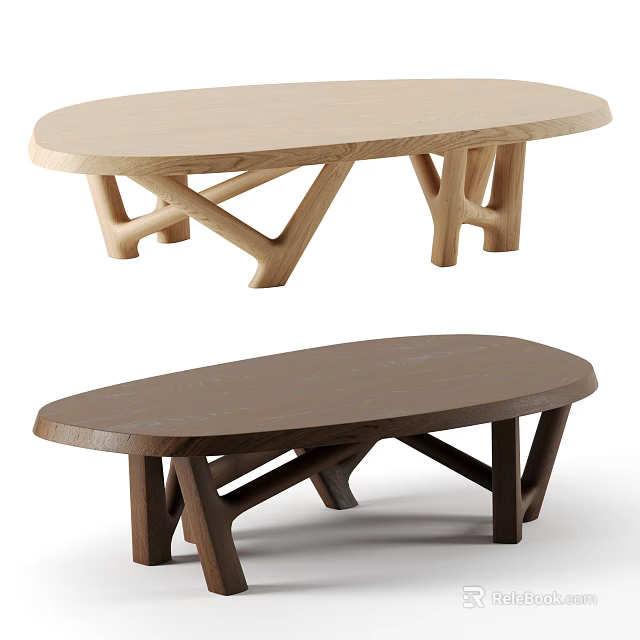 Light And Dark Wooden Coffee Tables With Oval Tops And Crossed Legs Design 3d model 
