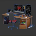 Wooden Office Desk With Ergonomic Chair Three Monitors Drawer And Storage