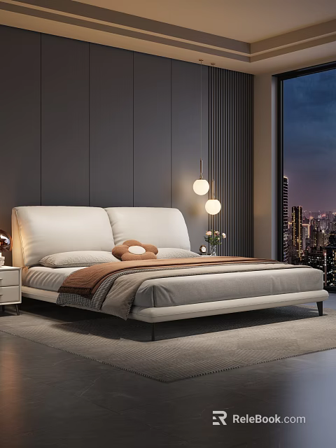 Modern Double Bed with White Headboard Pillows Brown Blanket Nightstands Hanging Lights and City Night View 3d model 
