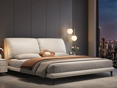 Modern Double Bed with White Headboard Pillows Brown Blanket Nightstands Hanging Lights and City Night View 3d model