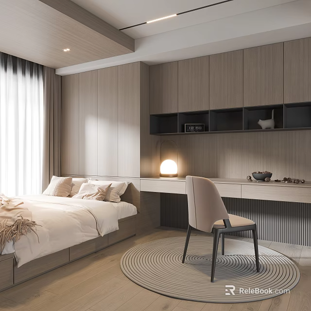 Modern Tatami Bedroom Interior With Wooden Storage Cabinets Tatami Bed And Desk Chair 3d model 