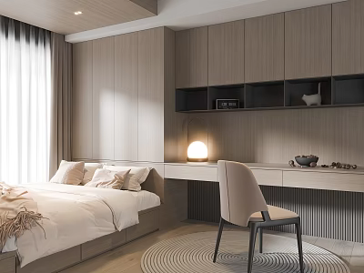 Modern Tatami Bedroom Interior With Wooden Storage Cabinets Tatami Bed And Desk Chair 3d model