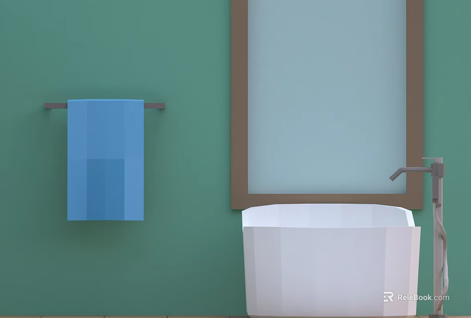White Bathtub with Green Wall Blue Towel Rack Light Blue Window Brown Frame and Faucet 3d model 
