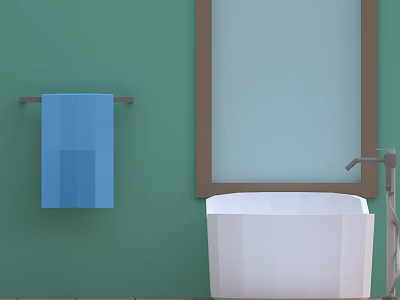 White Bathtub with Green Wall Blue Towel Rack Light Blue Window Brown Frame and Faucet 3d model