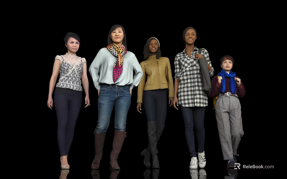 Group of Women Standing Together in Different Fashion Styles and Outfits 3d model 
