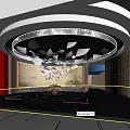 Modern Exhibition Space With Circular Ceiling Installation Floating Paper Pieces And Open Book 3d model