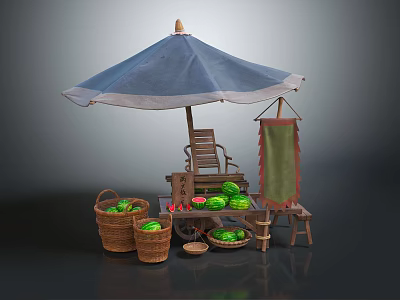 Cartoon Fruit Stall Scene With Blue Umbrella Wooden Chair Green Sign And Watermelon Baskets 3d model