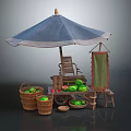 Cartoon Fruit Stall Scene With Blue Umbrella Wooden Chair Green Sign And Watermelon Baskets