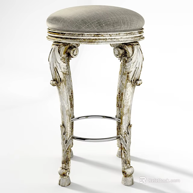 Vintage Silver Stool With Intricate Carved Legs And Padded Seat Design 3d model 