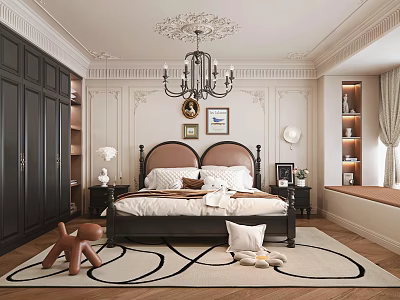 Elegant Bedroom Interior With Double Bed Black Wardrobes Chandelier And Round Rug 3d model
