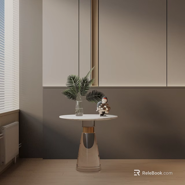 Round White Side Table With Metallic Base Palm Leaf Vase And Figurine By Window 3d model 