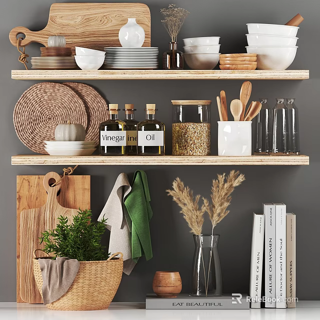 Simple Kitchen Decorative Ornament Set With Plates Bottles Jars Plants And Books 3d model 