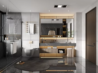 Modern Bathroom Interior With Illuminated Mirror Vanity Counter And Polished Tiles 3d model