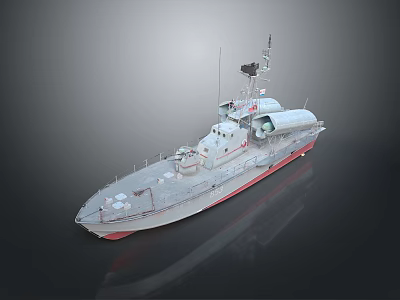 Gray Military Patrol Boat With Red Bottom And Deck Antennas Equipment 3d model