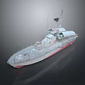 Gray Military Patrol Boat With Red Bottom And Deck Antennas Equipment