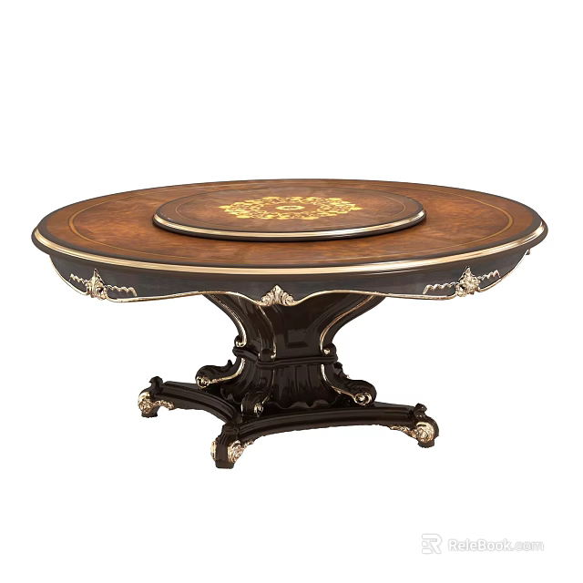 Ornate Round Dining Table With Wooden Top Gold Patterns And Black Carved Legs 3d model