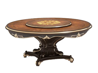 Ornate Round Dining Table With Wooden Top Gold Patterns And Black Carved Legs 3d model