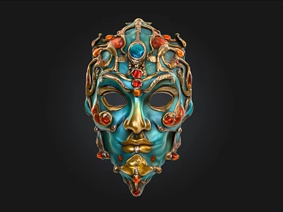 Ornate Decorative Mask With Blue Enamel Gold Accents And Intricate Colorful Gemstones 3d model