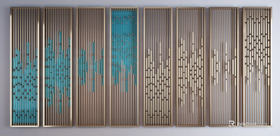 Modern Room Dividers Design With Golden Frames Blue Patterns And Geometric Textures 3d model 