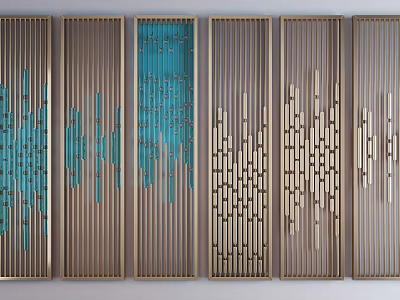 Modern Room Dividers Design With Golden Frames Blue Patterns And Geometric Textures 3d model