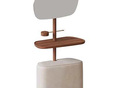 Modern Dressing Table With Round Mirror Wooden Shelf And Leather Padded Stool 3d model