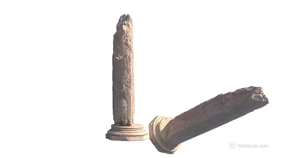 Stone and Wood Pillars With Pedestal Base And Intricate Carvings Standing And Leaning 3d model 