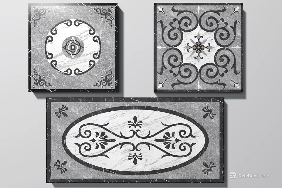 Decorative Marble Floor Tiles With Intricate Patterns Square And Oval Shapes 3d model 