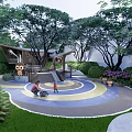 Outdoor Children's Play Area With Owl Themed Wooden Structure Slide Climbing Wall And Colorful Floor