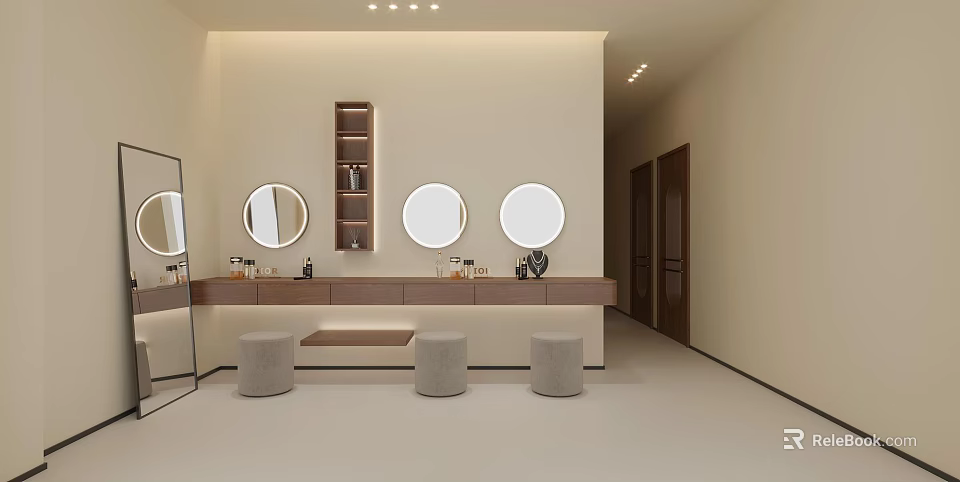 Modern Minimalist Dressing Table Design With Three Round Mirrors Shelves And Stools 3d model