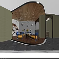 Leisure Area with Wooden Ceiling Elegant Chandelier Round Table Blue Yellow Chairs Red Branch Decor