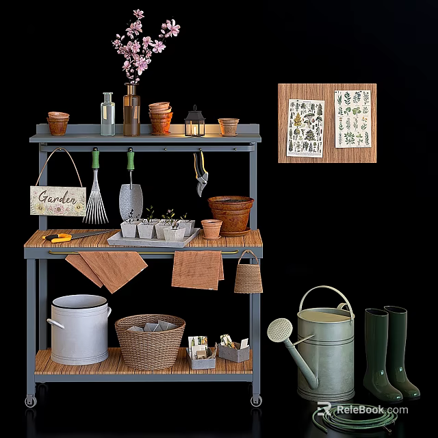 Garden Decorative Ornament Set with Shelf Tools Flower Pots Wicker Baskets and Wall Art 3d model 