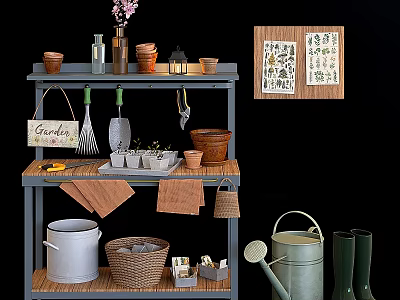 Garden Decorative Ornament Set with Shelf Tools Flower Pots Wicker Baskets and Wall Art 3d model