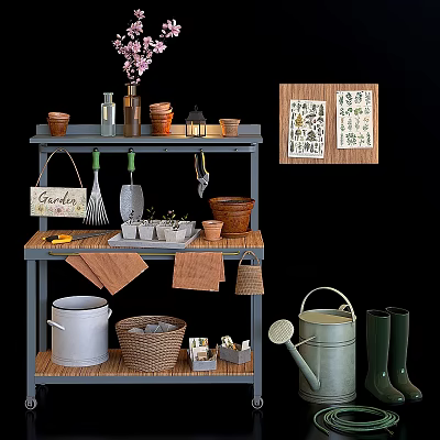 Garden Decorative Ornament Set with Shelf Tools Flower Pots Wicker Baskets and Wall Art 3d model