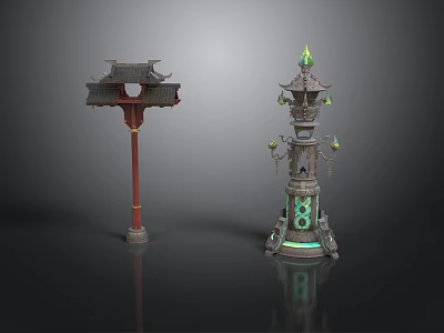 Traditional Chinese Architectural Decorative Elements Featuring Red Pillar And Pagoda Style Tower 3d model