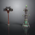 Traditional Chinese Architectural Decorative Elements Featuring Red Pillar And Pagoda Style Tower