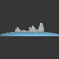 Cartoon Low Poly Landscape With Blue Water Gray Mountains Tall Green Tree And Central Island
