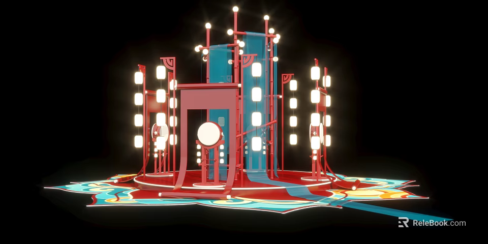 Traditional Chinese Cultural Structure With Red Frame Lanterns And Modern Lighting Effects 3d model 