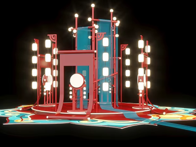 Traditional Chinese Cultural Structure With Red Frame Lanterns And Modern Lighting Effects 3d model