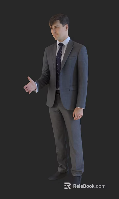 The Man in Gray Suit Extending Right Hand Against Dark Background 3d model 