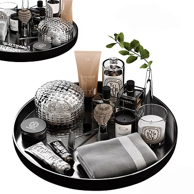 Elegant Bathroom Accessories On Black Tray With Silver Container Brush Candle Towel And Green Leaves 3d model