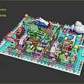 Cartoon Style Mini City Layout With Colorful Buildings Roads Clouds And Decorative Borders