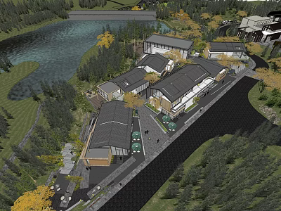 Scenic Residential Area With Riverfront Buildings Lush Green Trees And Natural Surroundings 3d model