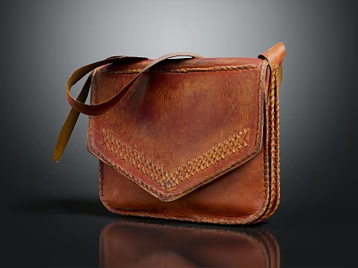 Vintage Style Brown Leather Pouch With Flap Closure And Stitched Detail 3d model