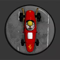 Red Racing Car With Yellow Helmet And Logo On Circular Gray Platform With White Lines