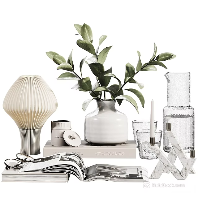 Decorative Ornament Set With Fresh Greenery White Vase Table Lamp Glassware Books And Candles 3d model 