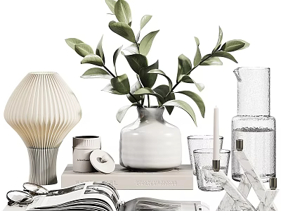Decorative Ornament Set With Fresh Greenery White Vase Table Lamp Glassware Books And Candles 3d model